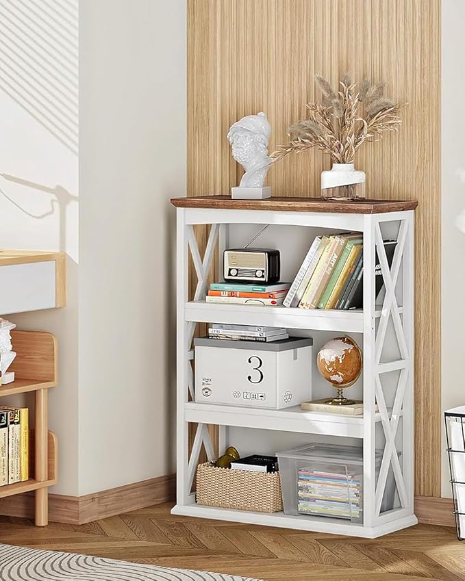 CHOEZON 4-Tier Bookcase, 42.9" Floor Standing Organizer Shelf, Corner Book Stand, Metal Frame, for Study, Bedroom, Living Room, White and Walnut TSJ01WL