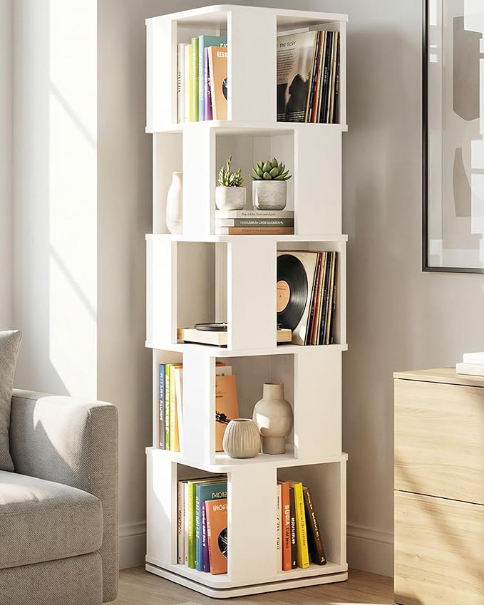 Foxemart 5-Tier Rotating Bookshelf Tower, 360° Spinning Modern Book Storage Bookcase, Stable Display Corner Book Shelf for Kids Room, Living Room, Bedroom, Home Office, White