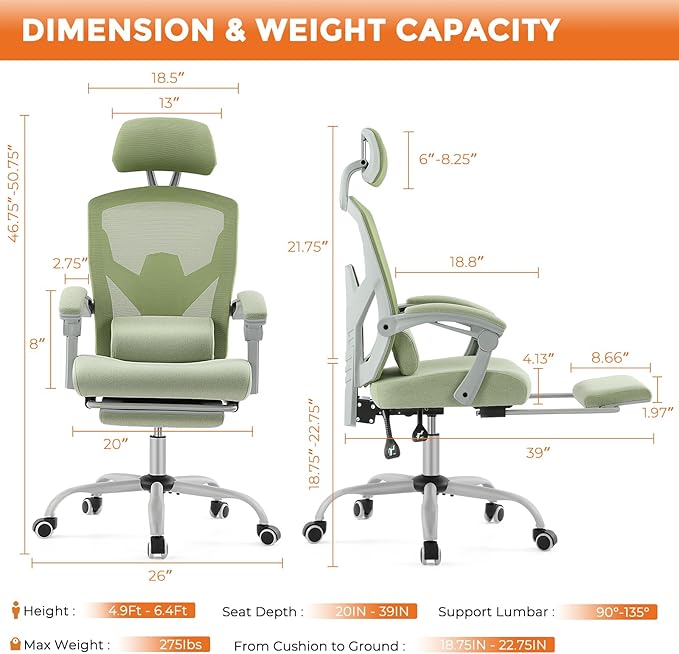 Sweetcrispy Office Computer Desk Chair, Ergonomic High-Back Mesh Rolling Work Swivel Chairs with Wheels, Comfortable Lumbar Support, Comfy Arms for Home, Bedroom, Study, Student, Green