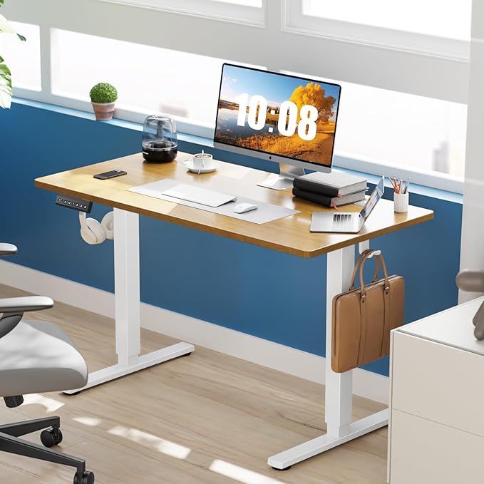 Sweetcrispy Electric Standing Desk Adjustable Height, 48x24 Inch Sit Stand Up Home Office Desks Computer Workstation PC Work Table with 3 Memory Preset Splice Wood Board Metal Frame, Oak