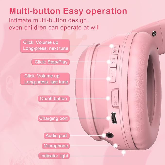 Pink Bluetooth Cat Ear Headphones for Kids & Adults, Wireless & Wired Mode Foldable Headset with Mic - Clear Sound Quality - RGB LED Light, for Girls School Gaming, for Phone/Laptop/PC/Tablet