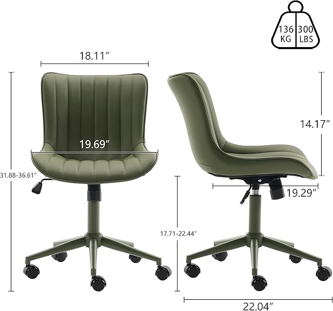 YOUNIKE Home Office Desk Chair with Wheels Armless Vanity Chair with Back Comfy Modern Leather Upholstered Rolling Task Chair Swivel Small Cute Sewing Chair No Arms Wide Adjustable Sage Green