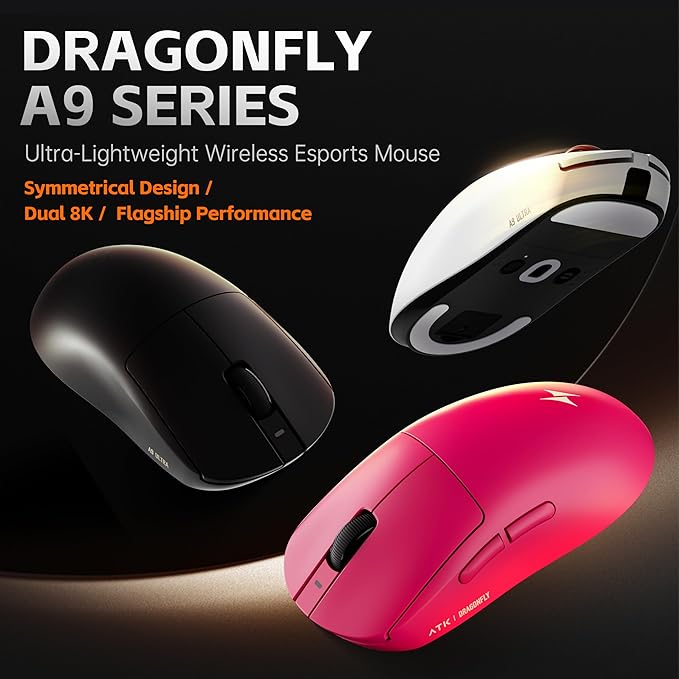 ATK Dragonfly A9 Wireless Gaming Mouse, 53g Lightweight, Paw3395 Se Sensor, Adjustable Dpi, 1K Polling, 120 Hr Battery Life, Tri-Mode NearLink/Bluetooth/Wired