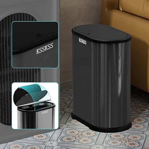 KSSKSS 1.8 Gallons Small Stainless Steel Trash Can with Press Type Lid, Slim Bathroom Garbage Bin, Removable Liner Bucket, Narrow Wastebasket with Pop-Up Lid for Bedroom,Toilet (Titanium Black)