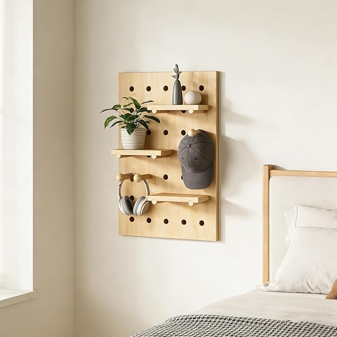 HJZALMI Pegboard Wall Organizer, Wood Pegboard Combination Kit with Shelves & Hooks, Modular Peg Board Panels Storage System for Office Organization Kitchen Bedroom, 15.7"x23.6"x0.6", Beige