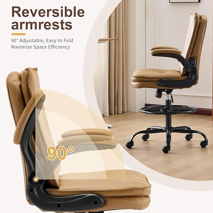 Karl home Drafting Chair Height Adjustable for Standing Desk, PU Upholstered Tall Office Swivel Desk Chair with Flip-Up Armrests, Ergonomic Lumbar Support, Adjustable Foot Ring, Khaki
