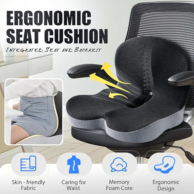 Back and Seat Cushion, Ergonomic Memory Foam Seat Cushion Lumbar Support Pillow for Office Chair, Car,Wheelchair,Home,Office (Light Gray)