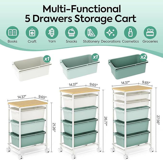 Rolling Storage Cart with 4 Drawers, Craft Organizer, Wooden Tabletop Utility Cart for Bedroom, Children's Room and Office Organization, Table Side Trolley with Lockable Wheels, Green