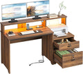 Bestier 55 Inch Wood Computer Desk with Lockable File Drawer, Charging Station & LED Lights - Home Office Desk with Storage Shelves, Printer Shelf & Monitor Stand, Wooden Desk for Study & Work, Walnut