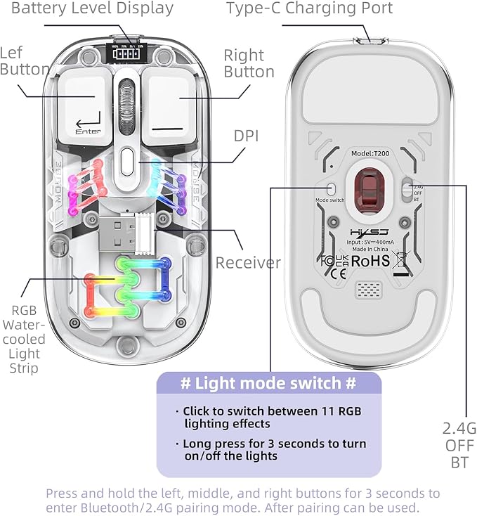 Wireless Bluetooth Mouse, Transparent BT + 2.4G Dual-Mode Mechanical Mouse with Magnetic Top Cover, Rechargeable RGB Backlit Gaming Mouse for Gaming/Esports/Desktop/Laptops/Tablets (White)