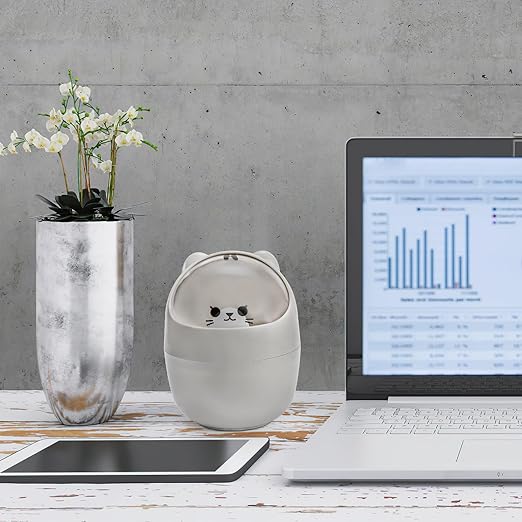 Yesland 2 Pack Desktop Mini Trash Bin with Swing Lid, Cute Bear Plastic Wastebasket Trash Can Countertop Garbage Storage Bucket for Home, Office, Kitchen, Vanity Tabletop, Bedroom, Grey & White