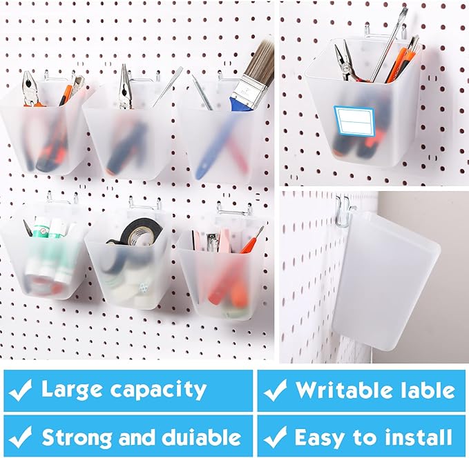 Namalu 12 Pack Pegboard Storage Bins with Labels and Hooks Bulk Peg Board Organizer Accessories Hanging Cup Organizer Pegboard Cup Holder(Transparent)