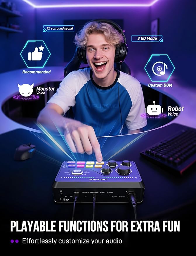 FIFINE XLR/USB Dynamic Microphone Bundle with Gaming Mixer, Streaming Mic Kit with XLR Interface, Mixer for Recording, Video Creation with Voice Changer, Game Chat Balance, RGB Control (AM8T+SC8)