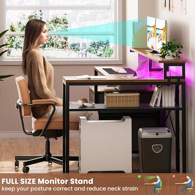 Aheaplus L Shaped Desk with File Drawer, Reversible L Shaped Computer Desk Gaming Desk with Power Outlet & LED Strip, Home Office Desk Corner Desk with Monitor Shelf, Storage Shelves, Rustic Brown