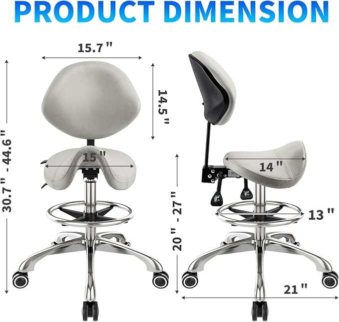 Saddle Chair with Back Support - Tilted Backrest, Adjustable Foot Rest, 350 LBS Capacity Ergonomic, 360° Swivel Drafting Chair for Salon,Spa, Massage, Tattoo, Facial lash, Home, Dentist（Grey）