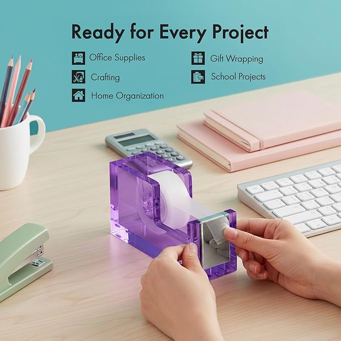 OfficeGoods Acrylic Tape Dispenser – Modern Desk Organizer for Office Supplies, Heavy Duty Refillable Tape Holder for Home and School Crafting, Stylish Desktop Accessory for Gift Wrapping, Purple