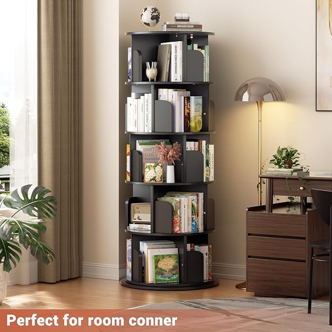 Besiost Rotating Bookshelf Tower, 5 Tier Spinning Bookcase, Revolving 360 Book Shelf Narrow Tall Bookcase, Vertical Turning Round Bookshelf Organizer, Wood Corner Book Shelf for Small Space, Black