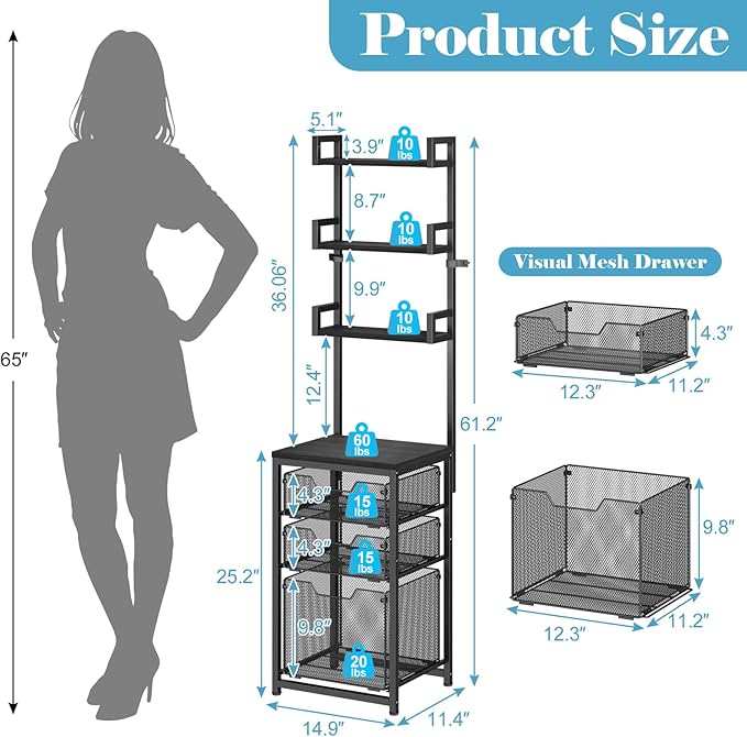 Sbanmao 3-Drawer File Cabinet with 3 Shelves, 61" Tall Vertical Filing Cabinet for Home Office, Metal Mesh Drawers with Small Printer Stand, Fit for Letter Files, Black