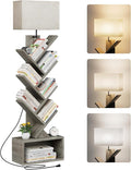 Evermagin 6 Tier Tree Bookshelf with Light, Narrow Bookcase Tower, Tall Floor Standing Book Shelf Organizer with Storage Cabinet for Living Room, Bedroom and Home Office, Gray