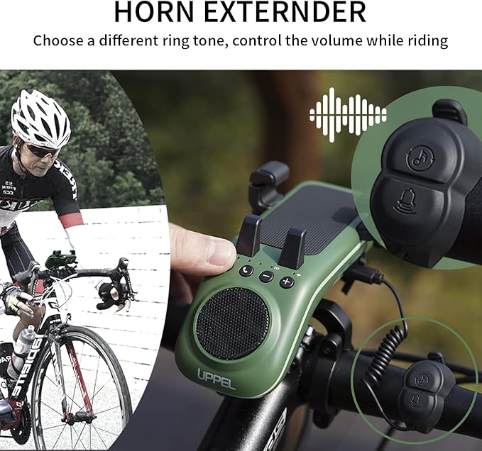 UPPEL Bike Phone Mount, Multifunctional Phone Holder Bicycle Bluetooth Speakers 10-in-1 LED Light Bike Horn Microphone Ideal for Road & Mountain Bike - Extreme & Casual Cycling (Green)