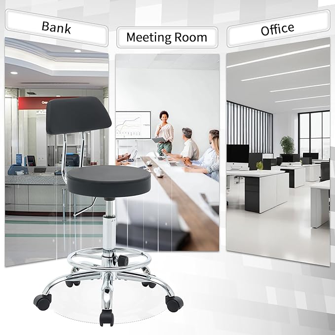 FIRAVOE Office Chair with Back (Adjustable Height Posture Stool 19.5"-26.6")(Drafting Chair on Wheels) Work Stool with Footrest (Black)