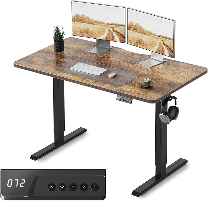 Cubiker Standing Desk, 48x24 Inches Sit Stand Home Office Desk, Electric Stand up Desk, Adjustable Desk with Splice Board, Black Frame/Rustic Brown Top