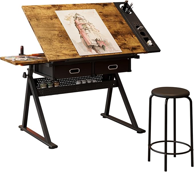 Drafting Table Art Table Adjustable Drawing Table Tilted Tabletop, Craft Table, with Storage Drawers and Stool, Crafting Desk with Storage for Painting Diamond Reading Writing Study (Black B)