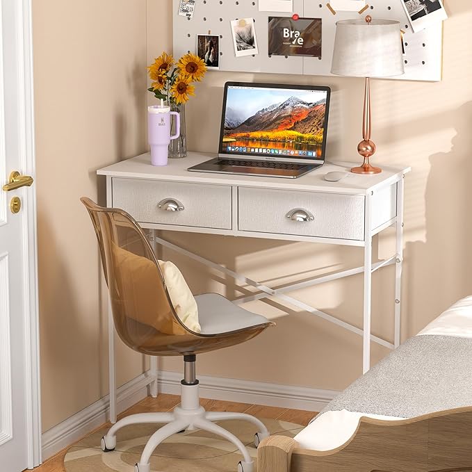 DAOUTIME Small Writing Desk for Kids Bedroom, 31.5 Inch White Computer Desk for Small Spaces, Simple Desk with 2 Fabric Drawers for Home Office, Dorm, Living Room, Home Study Table, White