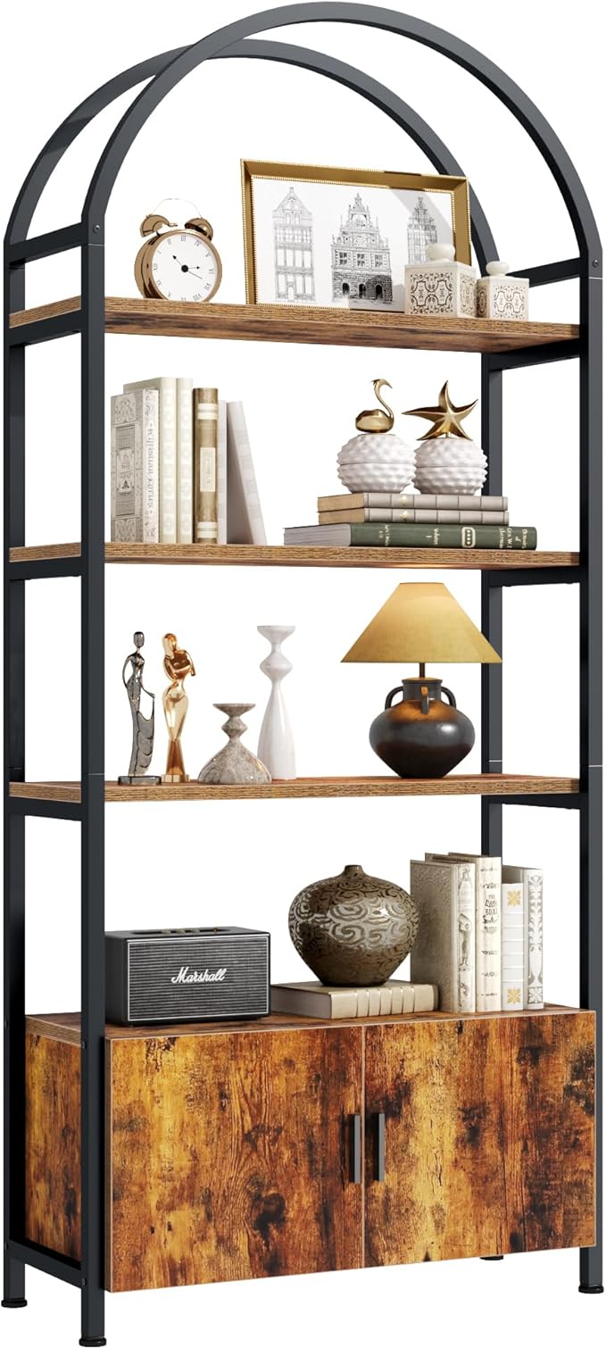 Jehiatek Arched Bookshelf with Storage Cabinet 71 Inch Tall Industrial Bookcase 5 Tier Open Display Shelf with Hidden Storage Rustic Wood and Metal Bookshelf for Living Room Bedroom Home Office