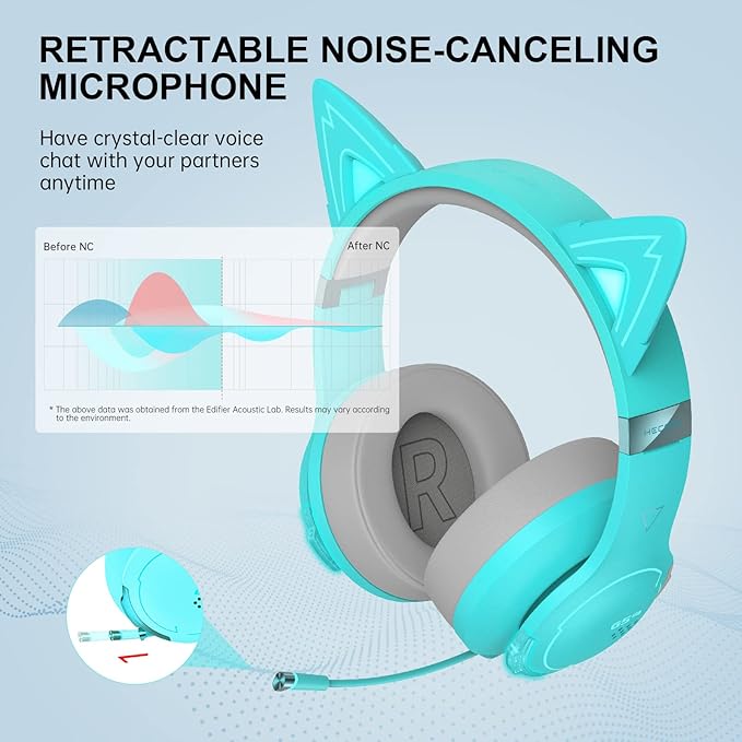 Edifier G5BT CAT Wireless Bluetooth Gaming Headset with Mic, Wired Cat Ear Headphones, Over Ear Headphones with Detachable Cat Ear, RGB Light, for PC, PS5, PS4, Nintendo Switch (Turquoise)
