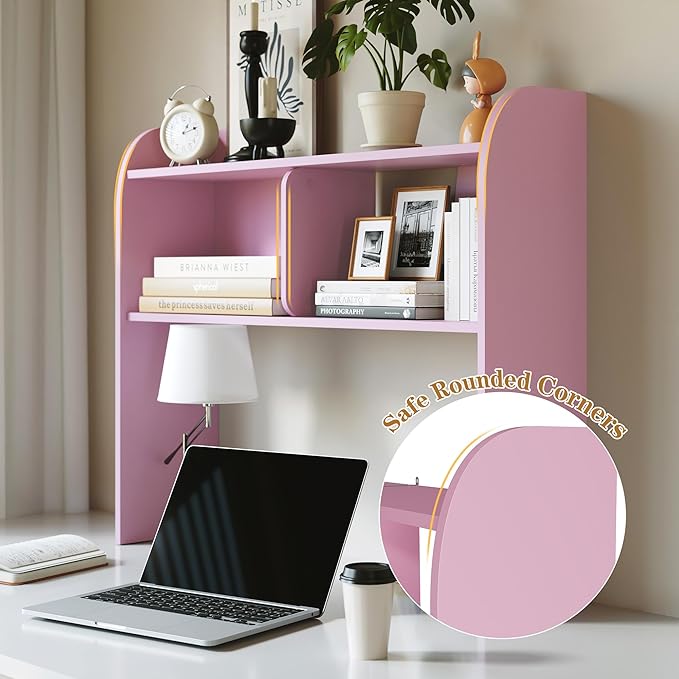 Wooden Desktop Bookshelf 37”,3-Tier Rounded-Edge Desk Storage Organizer,Space-Saving Countertop Shelf for Office Dorm Home,Pink