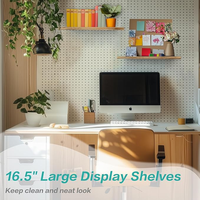 Pegboard Shelves, 16" x 6" Large Peg Board Racks 2Pack Wall Organizer Shelf, 1/4 inch Heavy Duty Metal Brackets Fit All Pegboards, Wood Slats, Craft Garage Workbench Office Shelving Accessories (Wood)