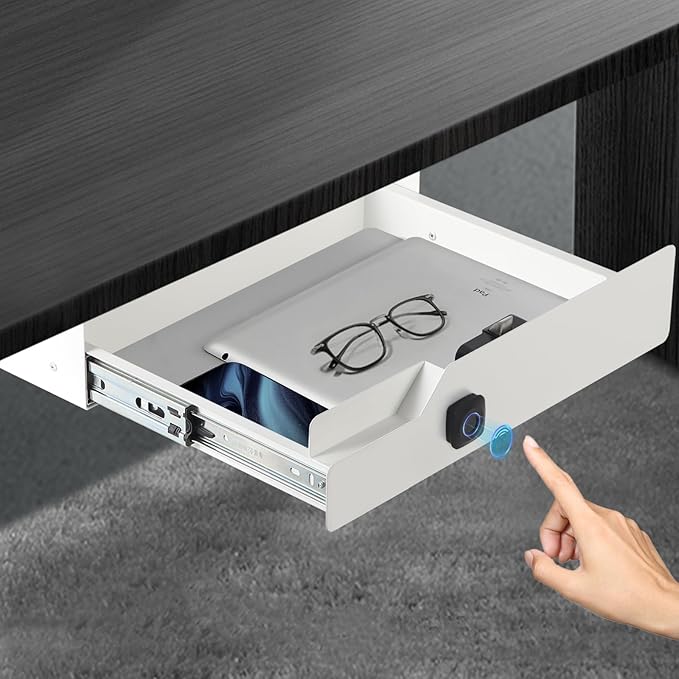 Under Desk Drawer with Biometric Fingerprint Lock, Metal Undermount Table Drawer, Slides Out Tray Organizer for Paper, Pencil, and Laptop 16"x11.8"x3.6", White with Fingerprint Lock