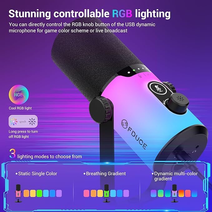 FDUCE Dynamic Gaming Microphone kit, USB/XLR Podcast Computer Microphone with Desktop Stand, RGB Light, Mute Button and Headphone Jack, for Gamer Streaming Recording Studio YouTube Online Chat(D20)