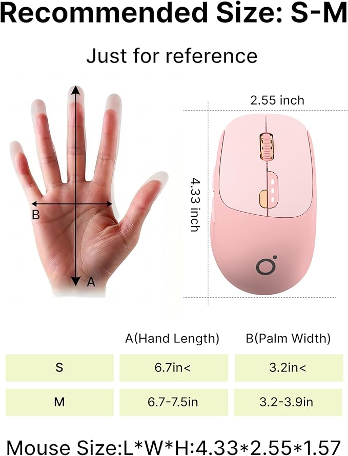 EWEADN Q5 Wireless Mouse, Bluetooth & 2.4G Quiet Computer Mouses with Battery Level Display, 1600 DPI, Ergonomic Office Mouse, 6 Button Portable Cute Computer Mouse for Laptop/PC/Mac - Rose Pink