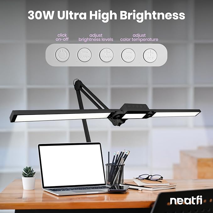 Neatfi LED Desk Lamp | 3,000 Lumens | Dimmable 30W Desk Light | 360 SMD LEDs | CRI 95 | Adjustable Color Temperature | Task Lamp for Home, Office, or Workbench (Black, 41-Inch, CCT with Clamp)