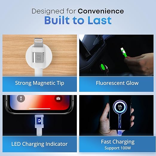 6ft LED Phone Lightning Cable with Magnetic Tip, Magnetic Cord Holder & Blue Night Glow Light – Durable Fast Charger Cable for iPhone 5–14 and More