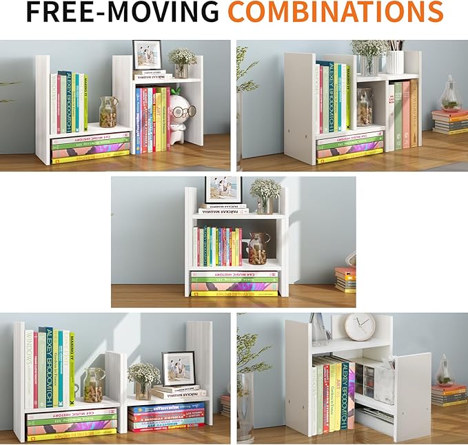 JLD Wood Adjustable 5-Shelf Desktop Bookshelf, Expandable Office Storage Rack, White