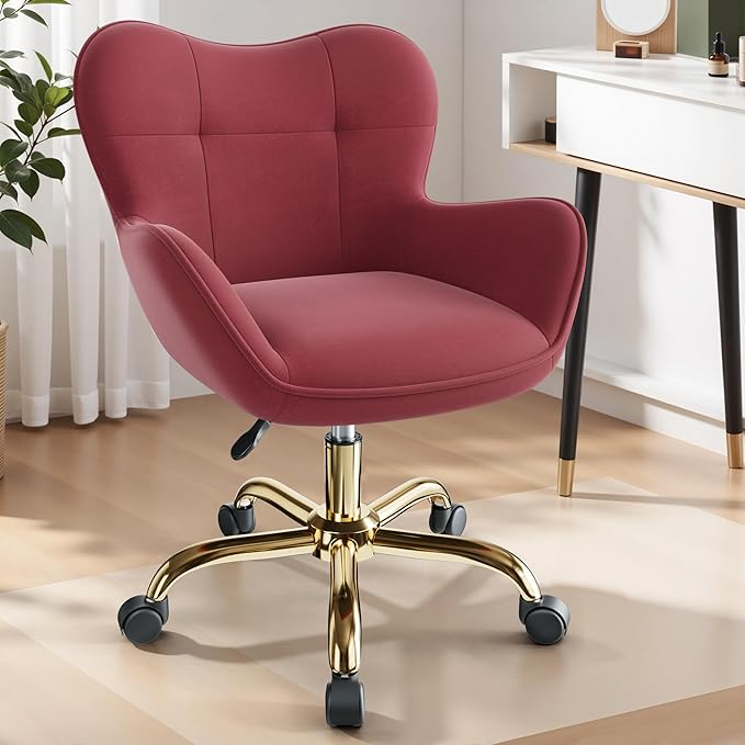 Vanity Chair with Wheels, Cute Home Office Desk Chairs Adjustable Height for Living Bedroom, Small Modern Fluffy Velvet Makeup Chair with Back for Girls (Rose Red)