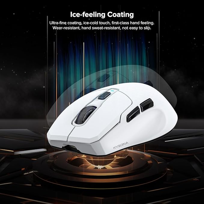 KYSONA Wireless Gaming Mouse, 26000 DPI, 8K Polling Rate, Tri-Mode 2.4GHz/USB-C/Bluetooth Ergonomic Mouse with Web-Driven, Ice-Cooling Coating, Rechargeable Gaming Mice for Laptop/PC/Mac/Xbox, White