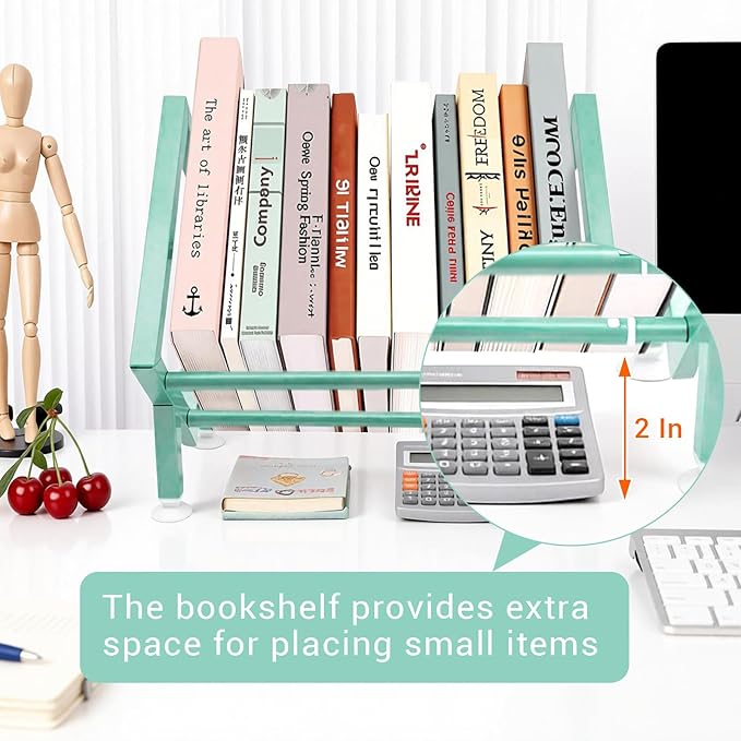 Expandable Desktop Bookshelf Organizer, Small Tabletop Book Storage Rack, Portable Green Bookshelf for Books/CDs/Magazine Display, Mini Bookcase for Top of Desk in Living Room, Office, Home Decor
