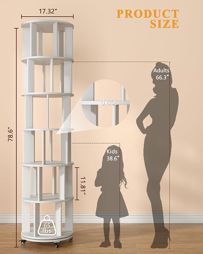 IUNVR Rotating Bookshelf, 6 Tier Solid Wood Bookshelf Tower with Lockable Wheels, 360° Spinning Revolving Bookcase for Small Spaces, Corners, Bedroom, Kids Room, Home Office, White