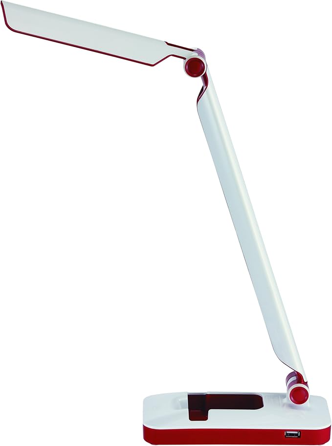 Black and Decker Office LED3FOLD-WHTRED PureOptics Verve 5W Flicker-Free Natural Daylight LED Desk Lamp with USB Charging Port, Phone Stand, 2 Dimming Levels (267 Lumens), 16" x 9" x 3.5" , White/Red