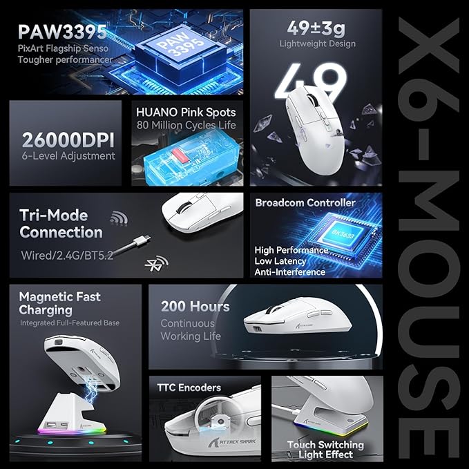 MAMBASNAKE Attack Shark X6 Wireless Gaming Mouse,RGB Magnetic Charging Dock,X3 Upgrade, 49g Ultralight 2.4GHz/BT5.2/USB-C Tri-Mode,PAW3395 Sensor 26KDPI,G502 Programmable Mice for Win/Mac - White