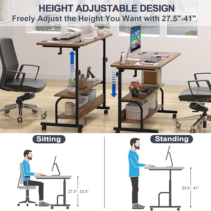 Armocity Rolling Standing Desk with Power Outlets, 39" Manual Height Adjustable Mobile Computer Desk with Wheels, Small Portable Sit Stand Laptop Couch Table for Bed & Sofa Home Office, Rustic Brown