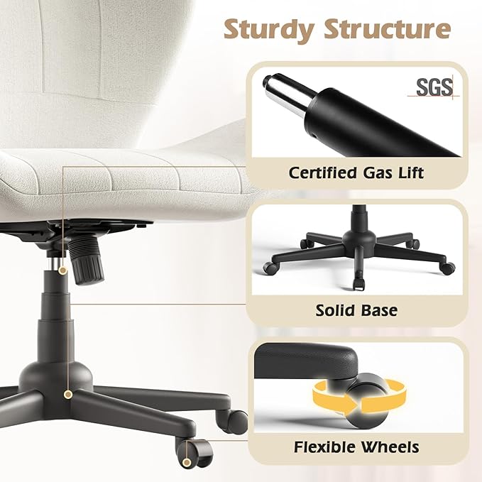 ZZW Criss Cross Chair with Wheels, Wide Cross Legged Office Chair Armless Comfy Desk Chair with Tall Back Vanity Chairs with Stress Relief Curved Design Seat for Bedroom & Office & Home Ivory White
