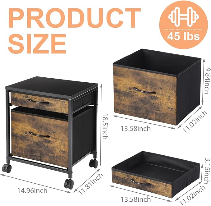 AceOrbit Rolling Mobile File Cabinet Cart with 2 Fabric Drawers A4 Letter Size Beside, Vertical Filing Cabinet on Lockable Wheels, Mobile Printer Stand Storage Under Desk for Home Office(Rustic Brown)