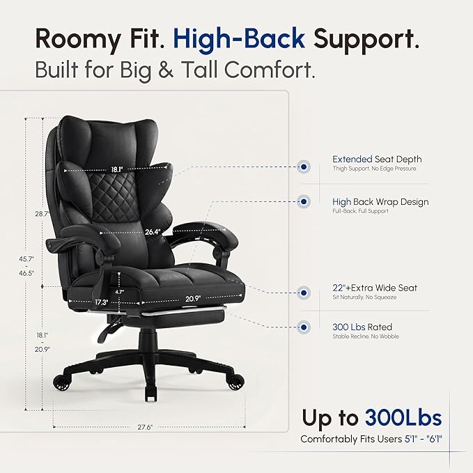 Dowinx Big and Tall Office Chair with Pocket Spring Cushion,High Back Computer Gaming Chairs with Linkage Armrests,Executive Desk Chairs with Footrest,Cloth-Black