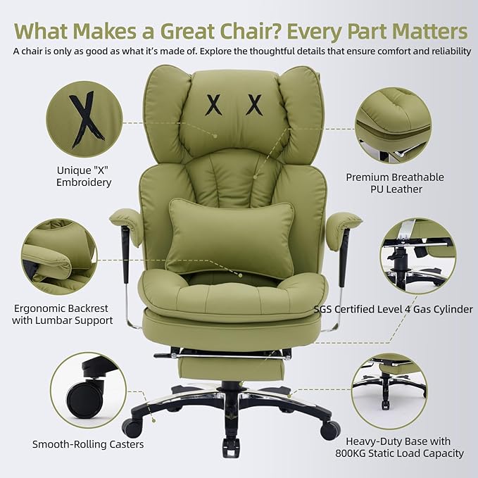 Efomao Desk Office Chair, X-Embroidery Big and Tall PU Leather Home Chair, Adjustable High Back Computer Gaming Chair, 200kg Swivel Executive Office Chair with Footrest and Lumbar Support, OLIVE GREEN