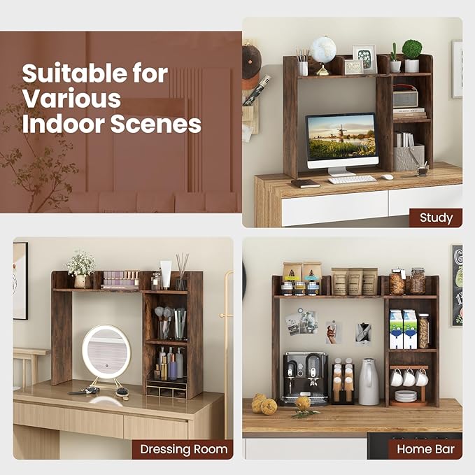 Desktop Bookshelf, 3-Tier Desk Hutch Shelf with 5 Display Rack for Computer Desk, Desk Organizer Shelves for Top of Desk, Dorm, Home, Office (Rustic Brown)
